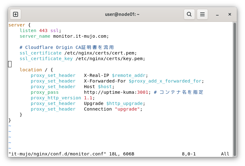 Nginxの設定ファイル編集画面。サブドメイン monitor.it-mujo.com を Uptime Kuma コンテナへ転送するリバースプロキシ設定の様子。