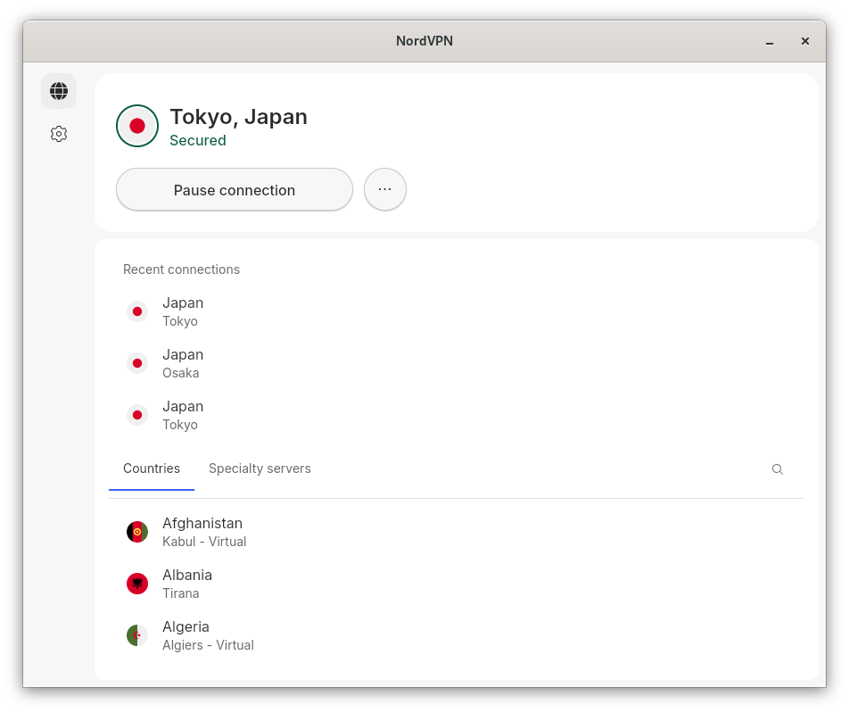 Debian 13環境で動作するNordVPN GUI版の接続完了画面。