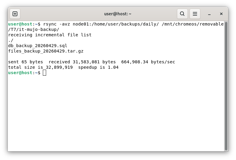 Chromebookのターミナルから、外部ストレージSamsung T7へバックアップデータを同期（rsync）している様子。