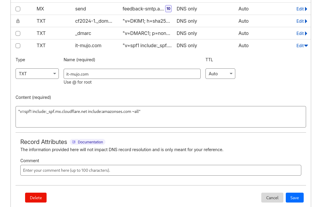 CloudflareのDNS設定画面。Email RoutingとResendの識別子を1行にまとめた、統合済みのSPFレコード（TXT）の登録状態。