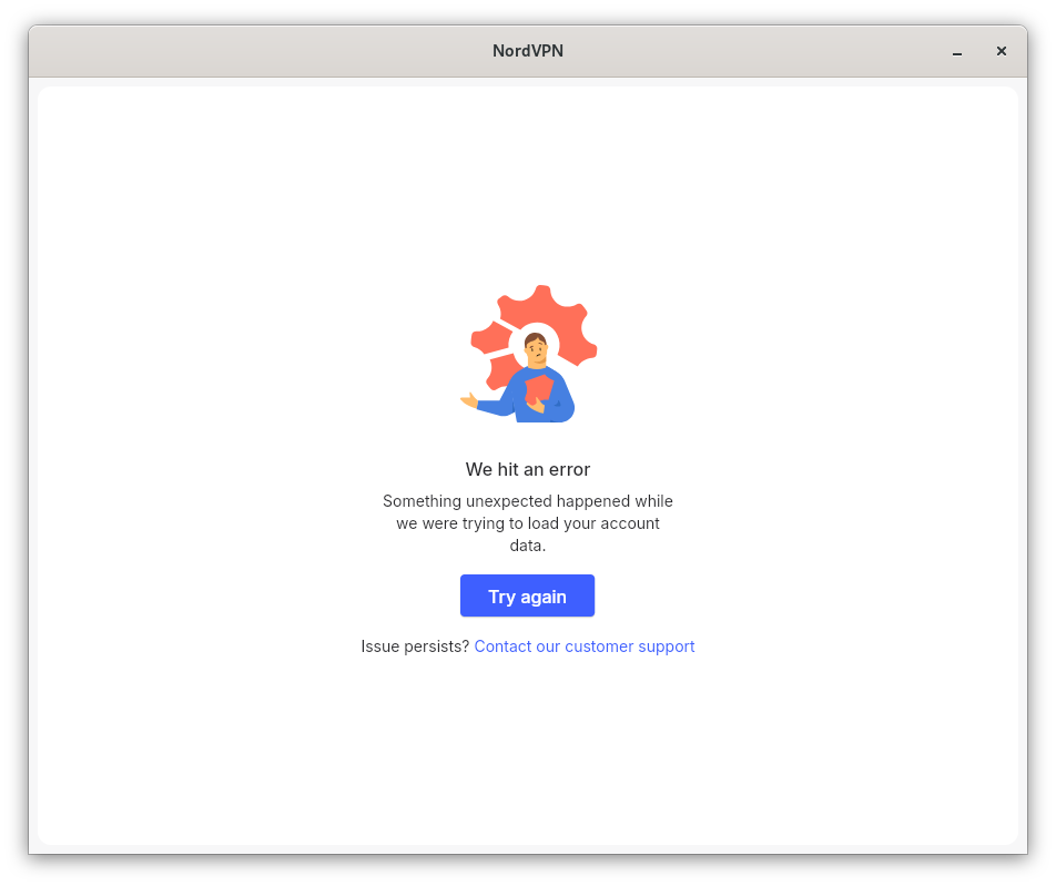 物理切断後、[Try again] をクリックしても接続が復旧せず、エラー画面が繰り返されるNordVPNのGUI。