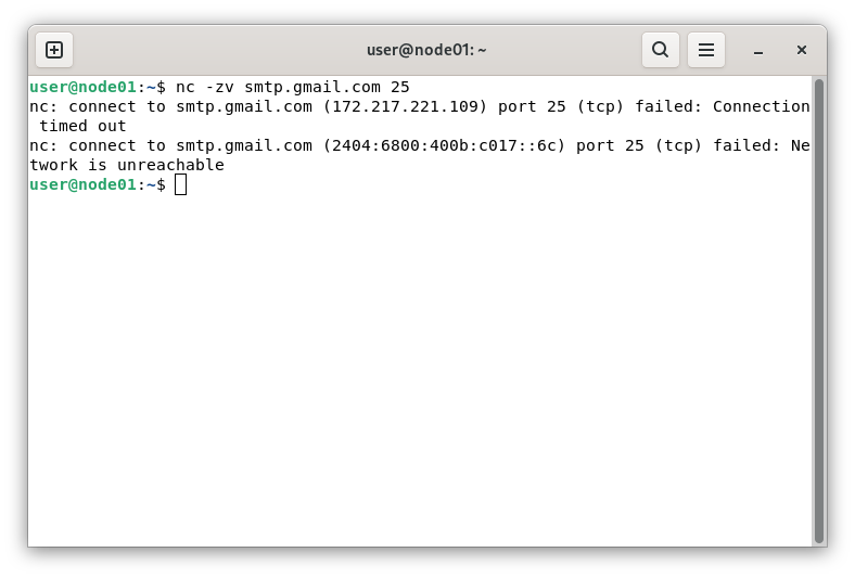 ncコマンドを用いたPort 25の疎通検証。接続がタイムアウトし、Vultr側のネットワーク層で遮断されている証跡。